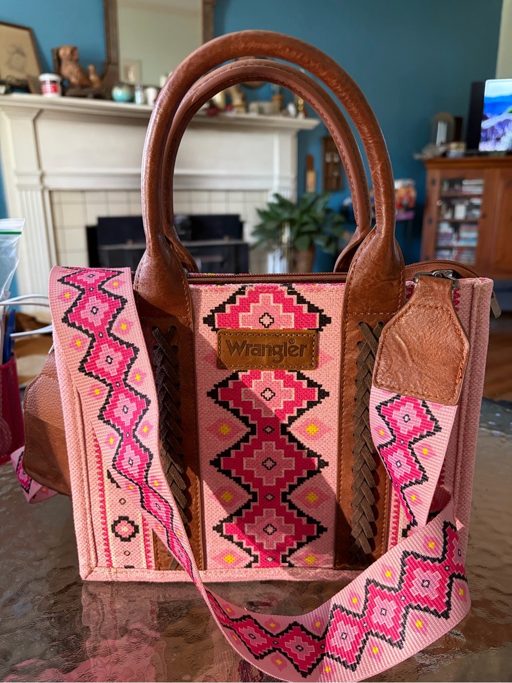 Wrangler Pink & Brown Aztec Pattern Canvas Tote with Leather Handles